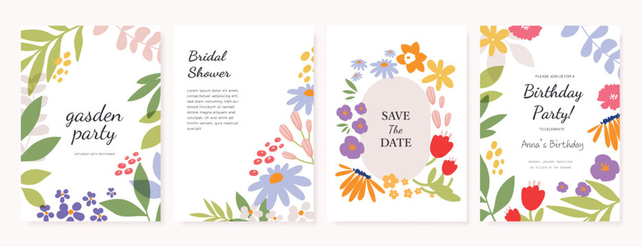 Spring  Floral  invitation card background vector. Minimal hand drawn botanical flowers template background. Design illustration for wedding, vip cover, poster, rsvp modern card, birthday party. - Powered by Adobe