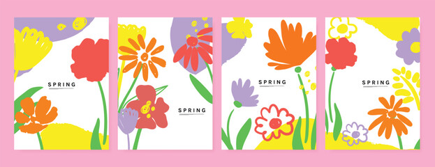 Obraz premium Spring Floral invitation card background vector. Minimal hand drawn botanical flowers template background. Design illustration for wedding, vip cover, poster, rsvp modern card, birthday party.