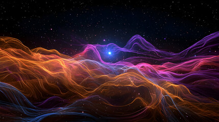 Obraz premium Abstract Digital Landscape Of Orange And Purple Pixelated Mountains With Starry Background