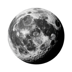 Naklejka premium The moon's serene, cratered surface, a captivating grayscale portrait of celestial beauty against a pure white backdrop.