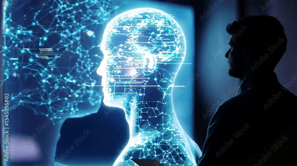 Poster exploring artificial intelligence through digital visualization in a modern workspace
