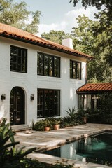 Beautiful white house with a red tile roof surrounded by greenery and a pool, capturing a serene atmosphere in a sunny afternoon setting
