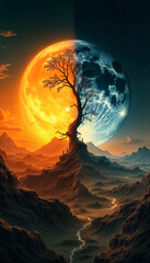 a surreal landscape with a tree growing on a rocky outcrop, backlit by a large, split moon that emits both warm and cool colors. The scene is set against a backdrop of distant mounta