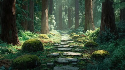 Serene Forest Pathway Surrounded by Lush Greenery and Majestic Trees in Morning Light