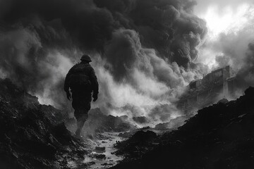 Soldier navigating through smoke and debris in a war-torn landscape during a dramatic conflict