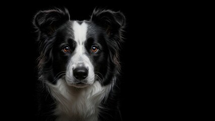 Fototapeta premium Portrait of a Border Collie dog on a black backdrop, showing its intelligent expression. Perfect for dog, breed, and active dog designs.