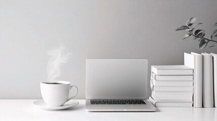 Modern Clean White Workspace with Open Laptop and Coffee Cup