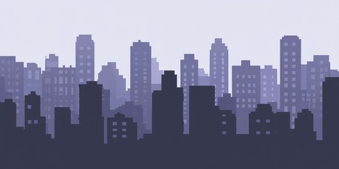 A pixelated grayscale city skyline silhouetted in the background