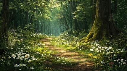 Obraz premium Serene Forest Pathway Surrounded by Lush Greenery and Vibrant Wildflowers in Morning Light