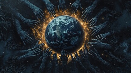 Artistic Rendering of Powerful Hands Surrounding the Earth
