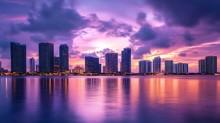 Fototapeta premium Miami Skyline Sunset: A Breathtaking Panorama of Cityscape and Water Reflection