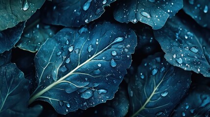 Obraz premium Dewy kale leaves, close-up, garden background, nature photography
