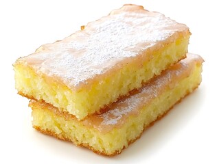 Two pieces of frosted cake are stacked together in the frame