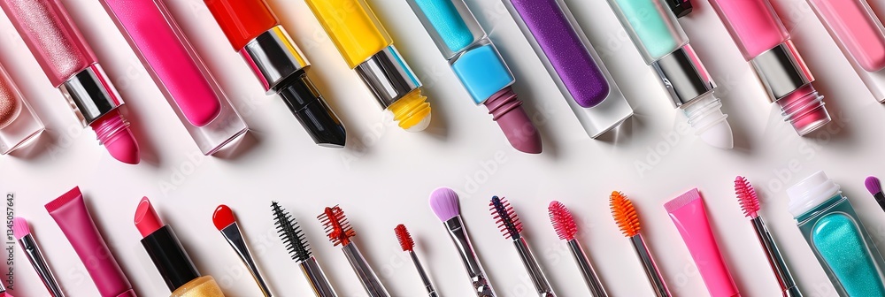 Poster colorful nail polishes and manicure tools arranged neatly on a light surface for creative nail art p