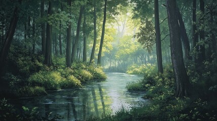 Obraz premium Serene Forest Landscape with Calm River and Sunlight Filtering Through Lush Green Foliage