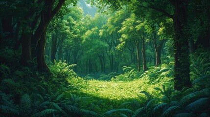 Lush Green Forest Vivid Nature Scene with Dense Foliage and Sunlight Filtering Through Tree Canopy