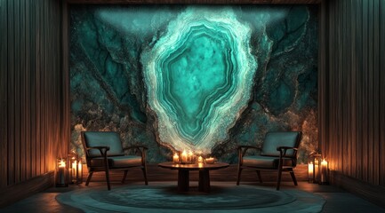 A cozy living space showcasing a teal stone accent wall