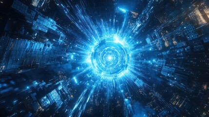 City Vortex, Futuristic Tunnel, Abstract, Urban, Night Scene, Technology, Aerial View, Digital Art