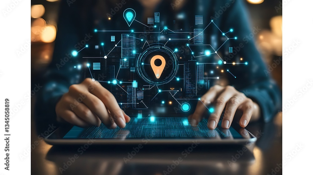 Poster person using laptop with digital map and network connections, a person typing on a laptop with a dig