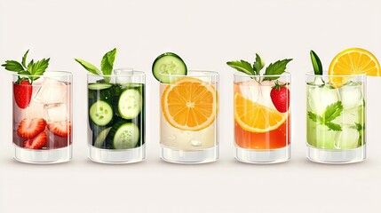 Fototapeta premium A set of four glasses, each filled with various fruits and vegetables, including a slice of cucumber, strawberry, lemon, and mint