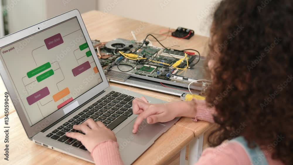 Poster back view of american girl coding engineering prompt while laptop screen display programing software