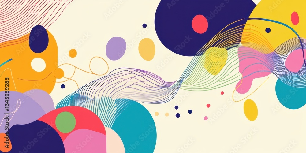 Poster an abstract background with colorful shapes and patterns, such as dots or swirls in various shades l