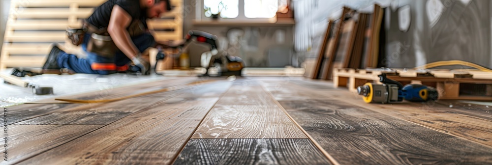 Poster worker skillfully replacing old flooring with new laminate or hardwood in a beautifully transformed 