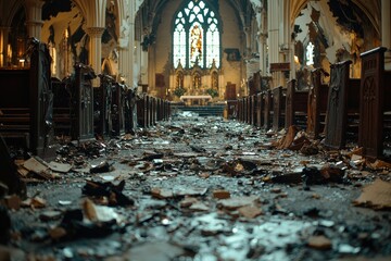 Abandoned church interior shows signs of decay and neglect amid damaged pews and debris