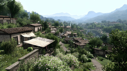 Picturesque Village Nestled In Lush Green Valley With Rolling Hills And Stone Houses Under Sunny Sky