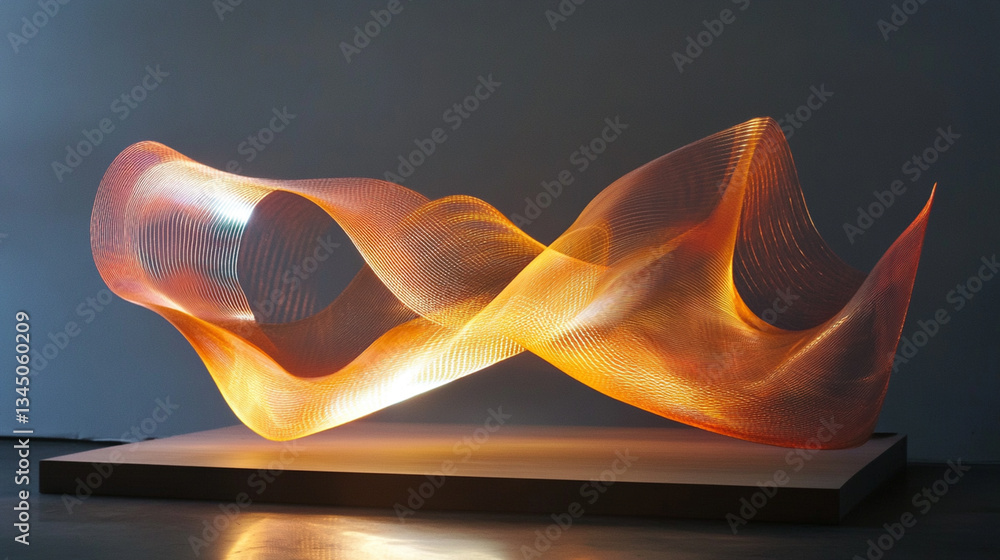 Poster abstract sculpture with flowing orange and white curves illuminated in a modern gallery setting