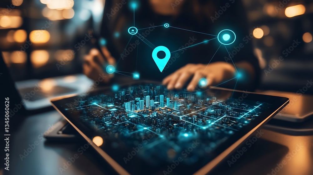 Poster person using laptop with digital map and network connections, a person typing on a laptop with a dig