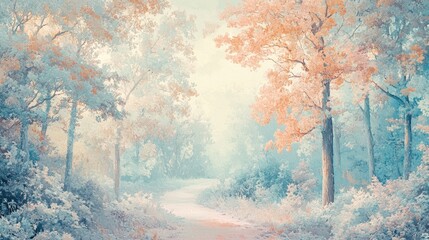 Serene Autumn Pathway Through a Dreamy Forest with Soft Pastel Colors and Gentle Light Effects