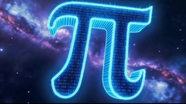 Pi Symbol in Universe: An illuminated pi symbol, shimmering with binary code, floats against a breathtaking backdrop of a star-filled galaxy.