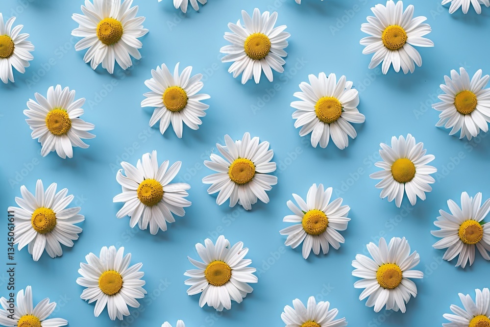 Poster chamomile flowers arranged symmetrically on a blue background showcasing a vibrant spring and summer