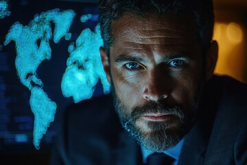 Professional man in a suit analyzing global data with a world map displayed in a dimly lit office environment