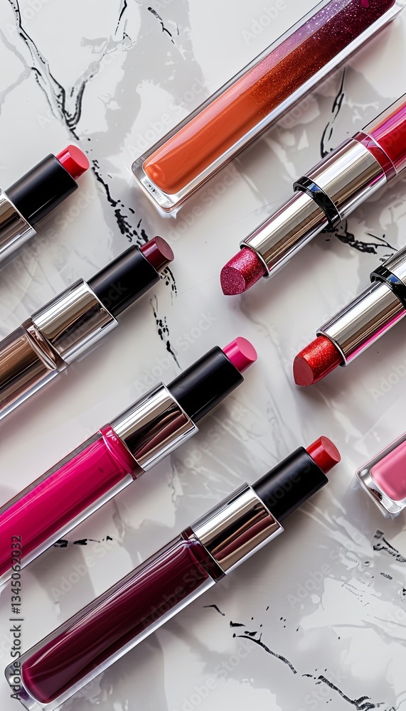 Poster colorful tubes of lip gloss and lipstick displayed elegantly on a marble surface with a variety of r