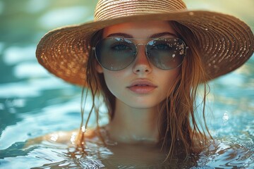 Relaxing in a pool on a sunny day with a wide-brimmed hat and stylish sunglasses
