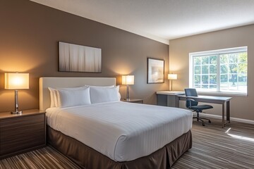Modern hotel bedroom with desk and window view. Suitable for travel or accommodation advertising