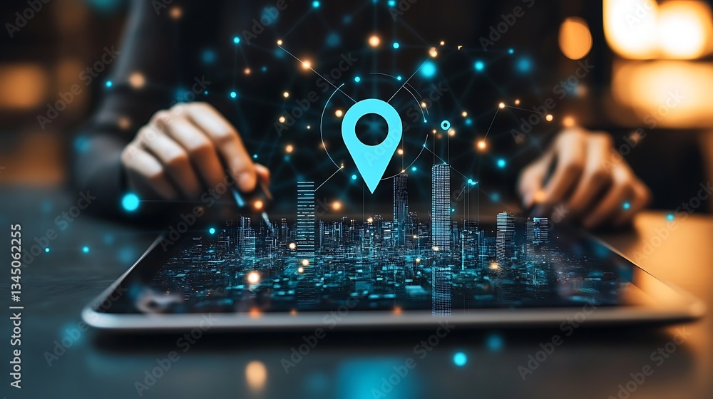 Poster person using laptop with digital map and network connections, a person typing on a laptop with a dig