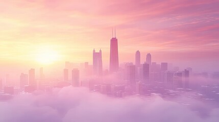 Fototapeta premium City skyline rising from a bed of soft pink clouds