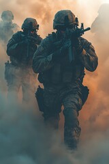 Soldiers advance through smoke during a tactical operation in a military exercise at dawn