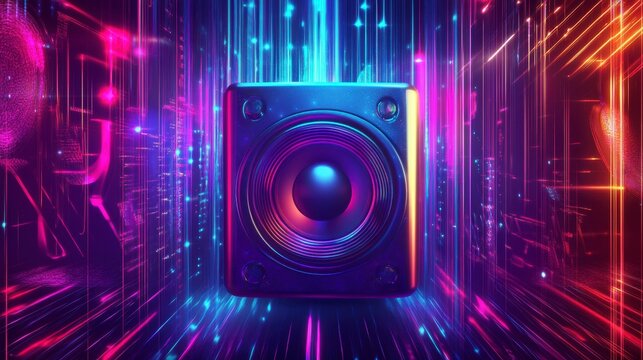 Futuristic speaker in vibrant digital tunnel