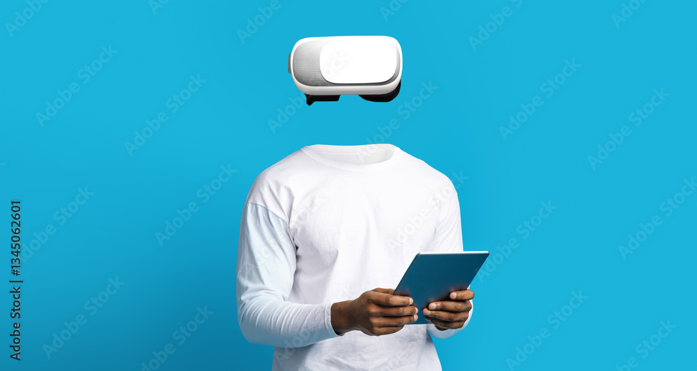 Aufkleber A person is using a virtual reality headset while holding a tablet. The setting features a vibrant blue background, highlighting the technology and modern gadgets utilized in the experience.