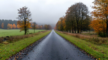 Fototapeta premium Long Asphalt Road Through Autumnal Landscape With Foggy Horizon and Colorful Trees