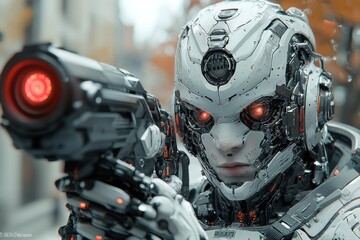Robot with glowing eyes aiming futuristic weapon in a rainy urban setting during the evening