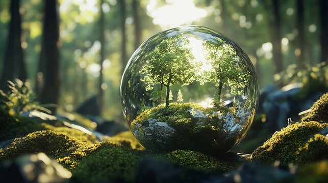 B&auml;ume in Glaskugel, abgeschlossenes &Ouml;kosystem zur nachhaltigen Wirtschaft mit der Umwelt