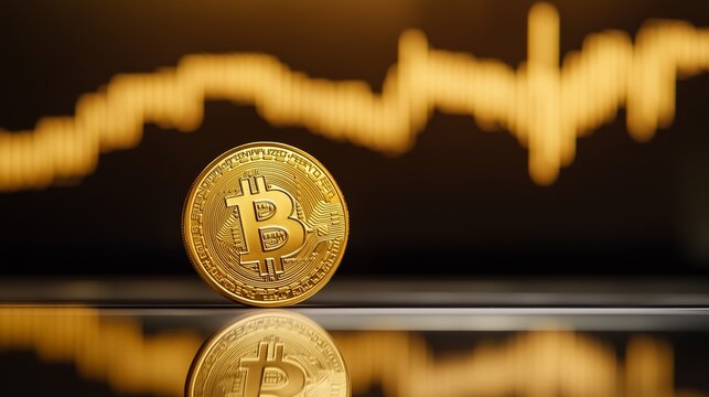 goldene Bitcoin-M&uuml;nze (BTC) und Aktienkurs, investieren von Geld, Verm&ouml;gen & Finanzen
