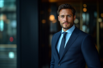 Fototapeta premium Handsome businessman portrait in navy suit and blue shirt on dark background with window bokeh, confident professional expression