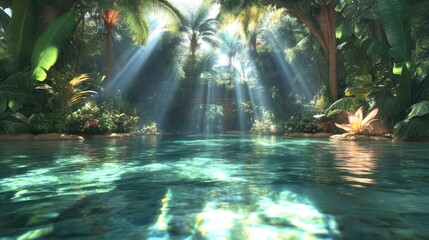 Naklejka premium Lush tropical oasis with sunlight beams