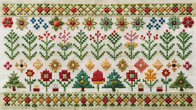 Cross-stitch Sampler, Floral and Geometric Design